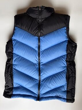 L.L.Bean Goose Down Puffer Vest Arctic Blue Black Fleece Collar Size M